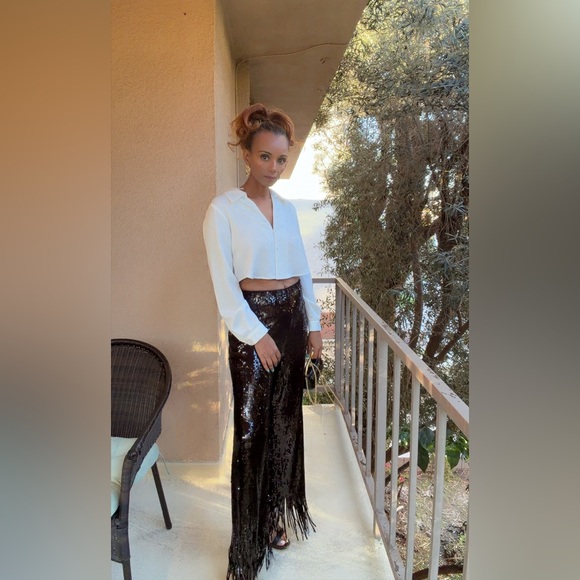 H&M | Black Sequin BLING Fringe Pants Pull-On Elastic Waist - Picture 2 of 11